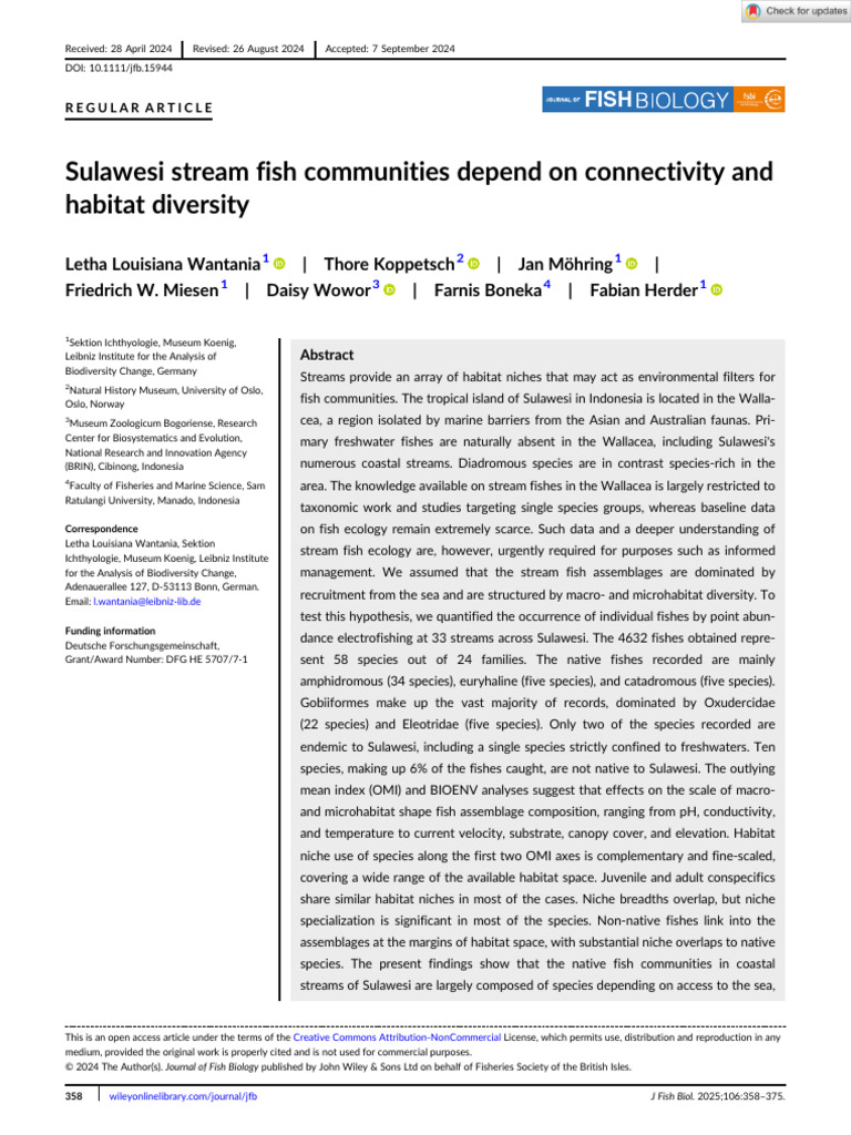 Wantania - Sulawesi Stream Fish Communities Depend On Connectivity and ...