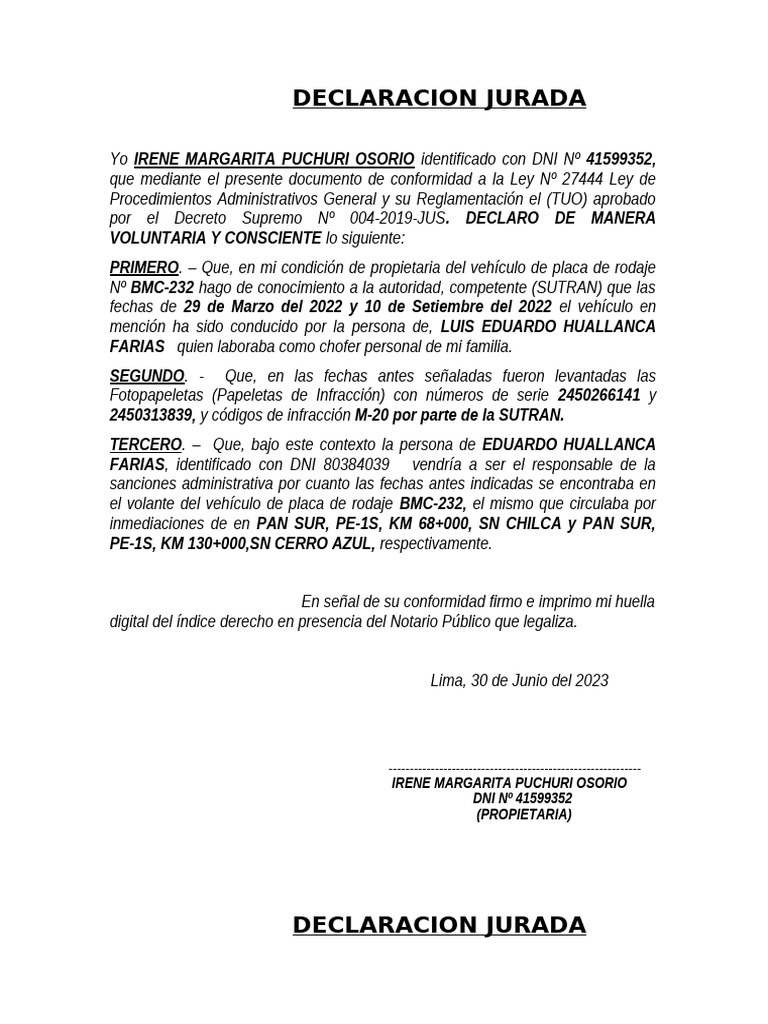 Declaracion Jurada | PDF | Documento de identidad | Gobierno