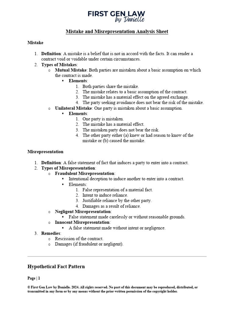 Mistake and Misrepresentation Analysis Sheet PDF | PDF ...