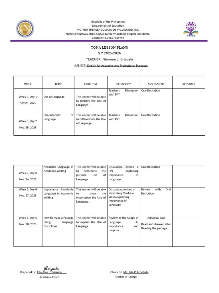 Week 3 - Top A - Lesson Plan English For Academic and Professional ...