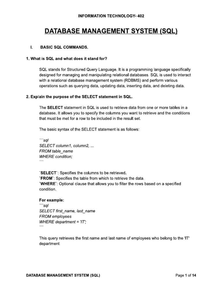 PART-B, UNIT-4, Database Management System (SQL) | PDF