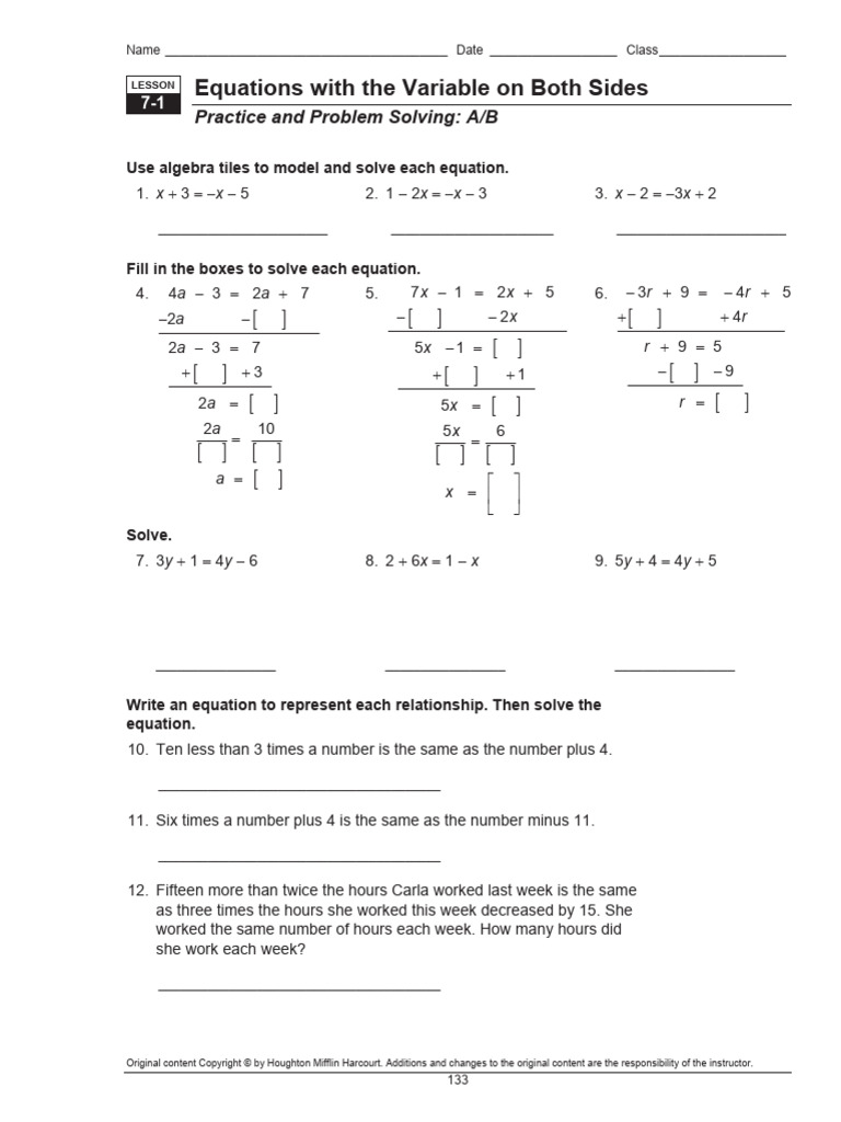 Equations With The Variable On Both Sides: Practice and Problem Solving ...