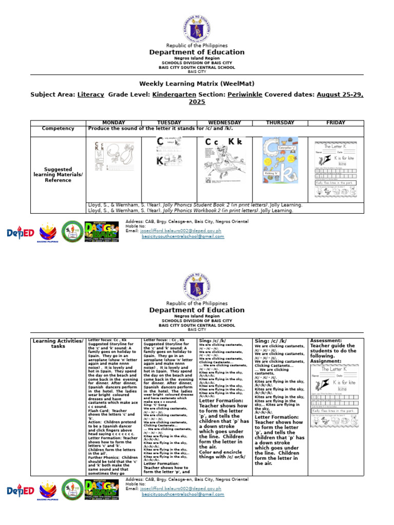 WeeLMat-Weekly-Learning-Matrix LITERACY q2 | PDF | Phonics