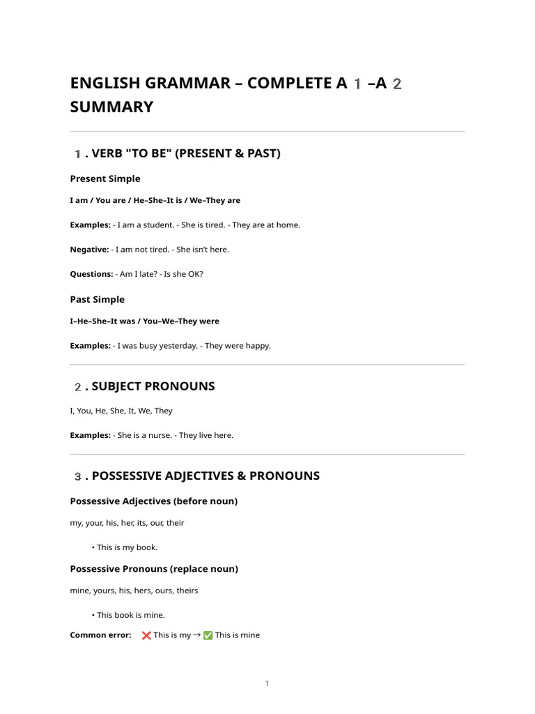English Grammar A2 - Complete Summary | PDF | English Grammar | Pronoun