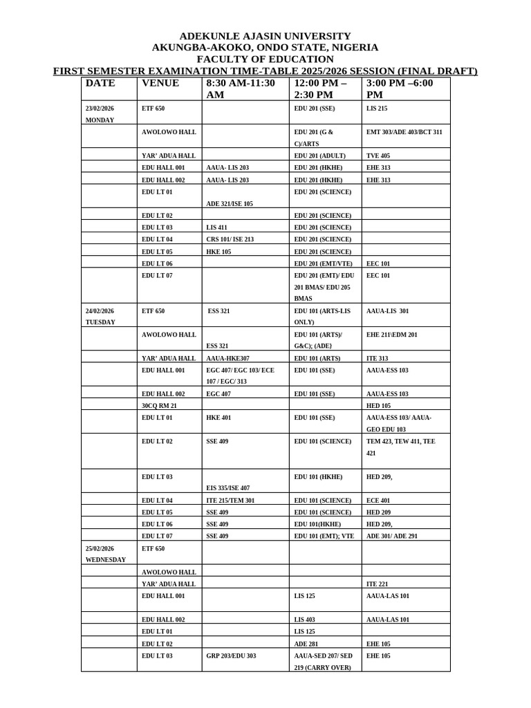 Students Exam Timetable 2026 First Semester Final Draft | PDF