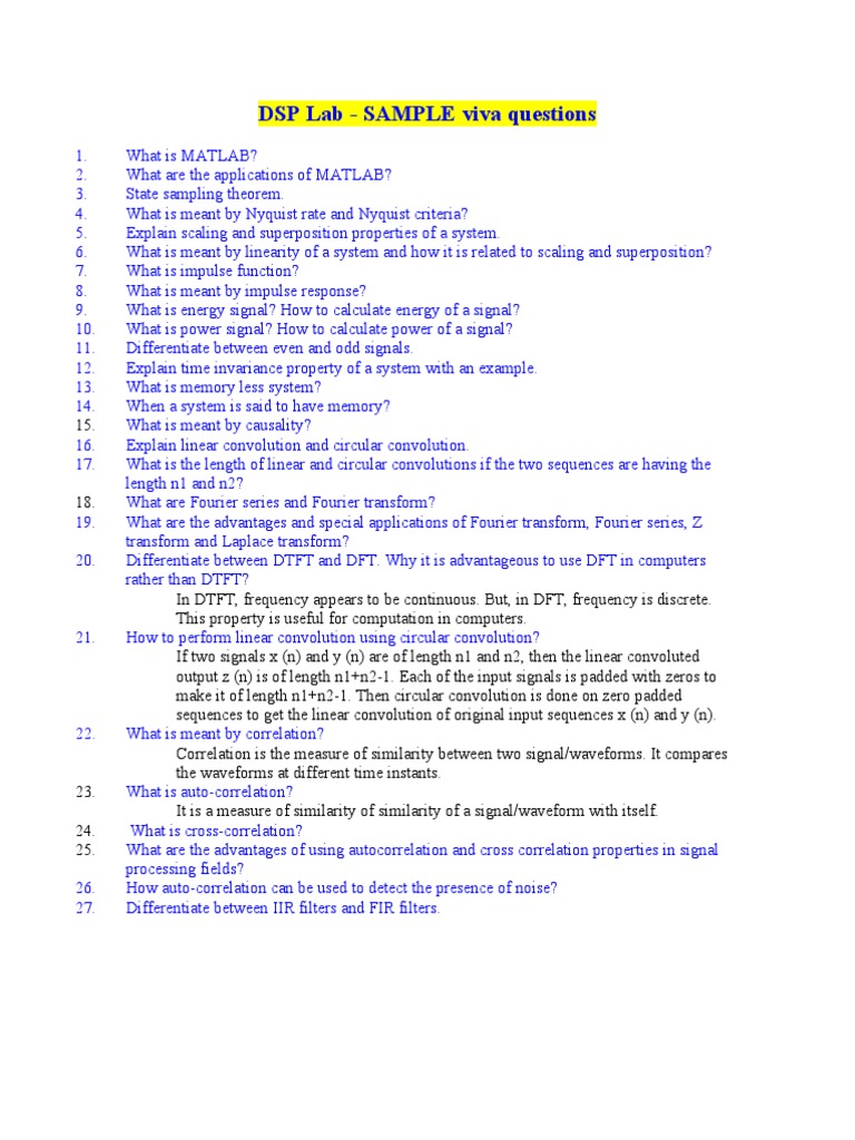 DSP Lab Sample Viva Questions | PDF | Digital Signal Processor ...
