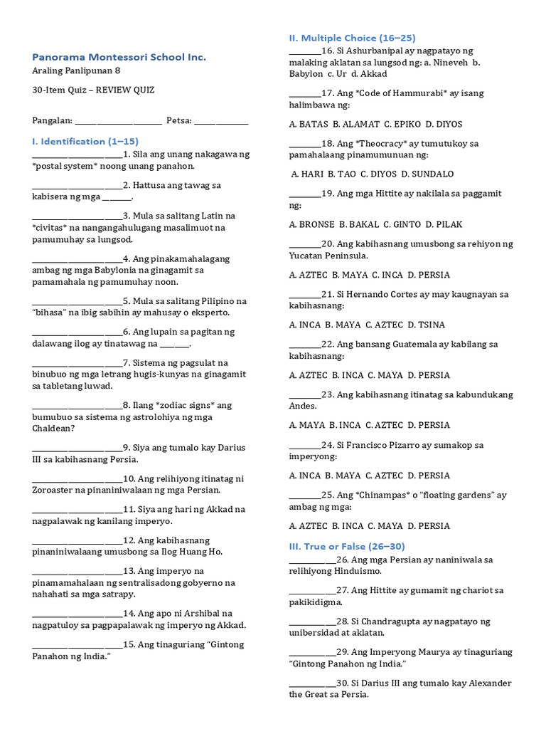 AP8 REVIEWQuiz 30 Items With Answer Key | PDF