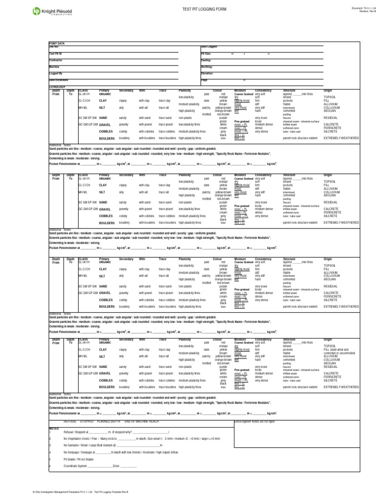 T4-3.1.1.24 - Test Pit Logging Template Rev B | PDF | Gravel | Silt