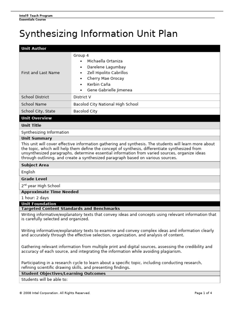 Sample Intel Teach Unit Plan | PDF | Teachers | Information