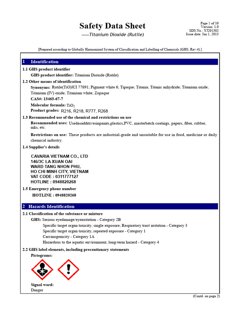 MSDS R216-R218-R268 Cavaria PDF | PDF | Titanium Dioxide | Dangerous Goods