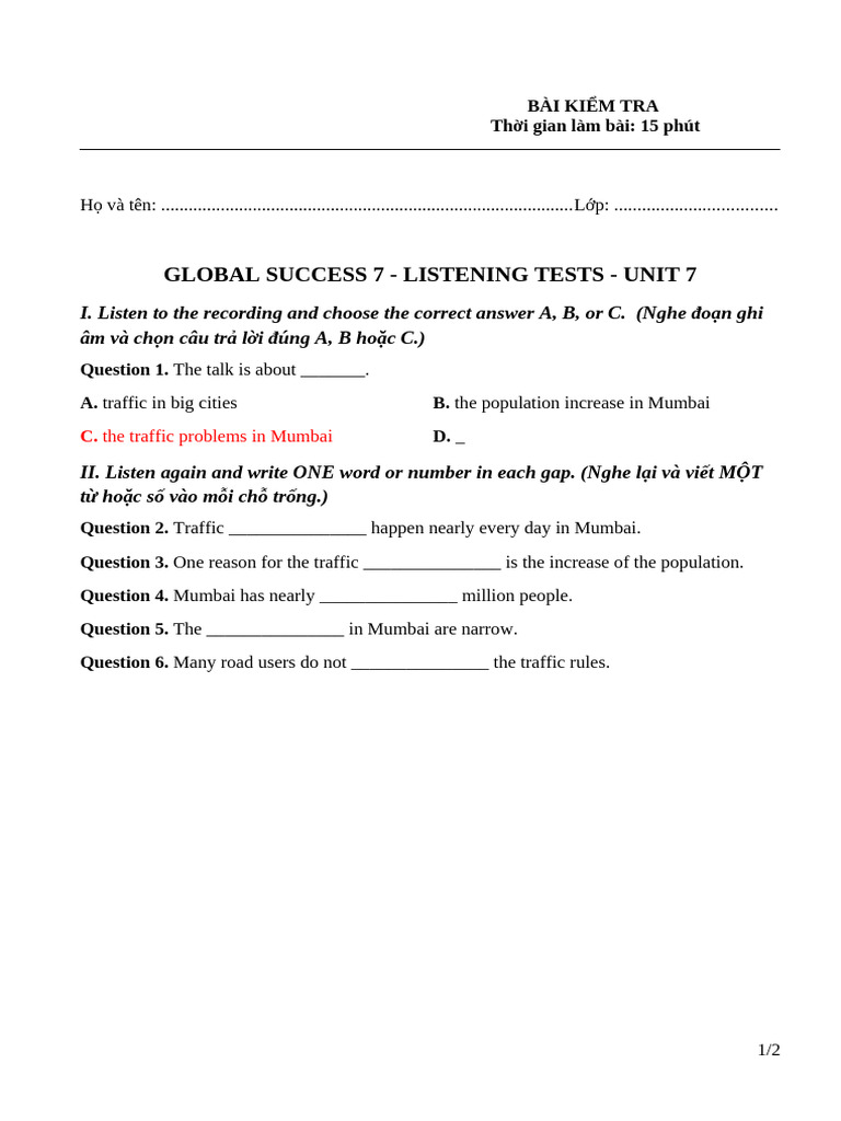 Global Success 7 - Listening Tests - Unit 7 | PDF
