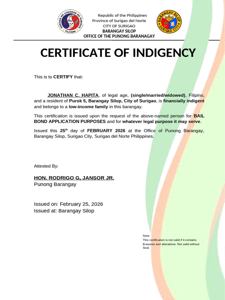 Certification of Indigency | PDF