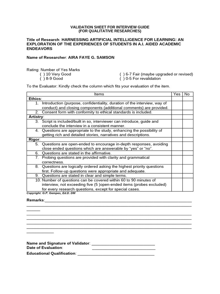 Validation Sheets Qualitative Research 1 1 | PDF