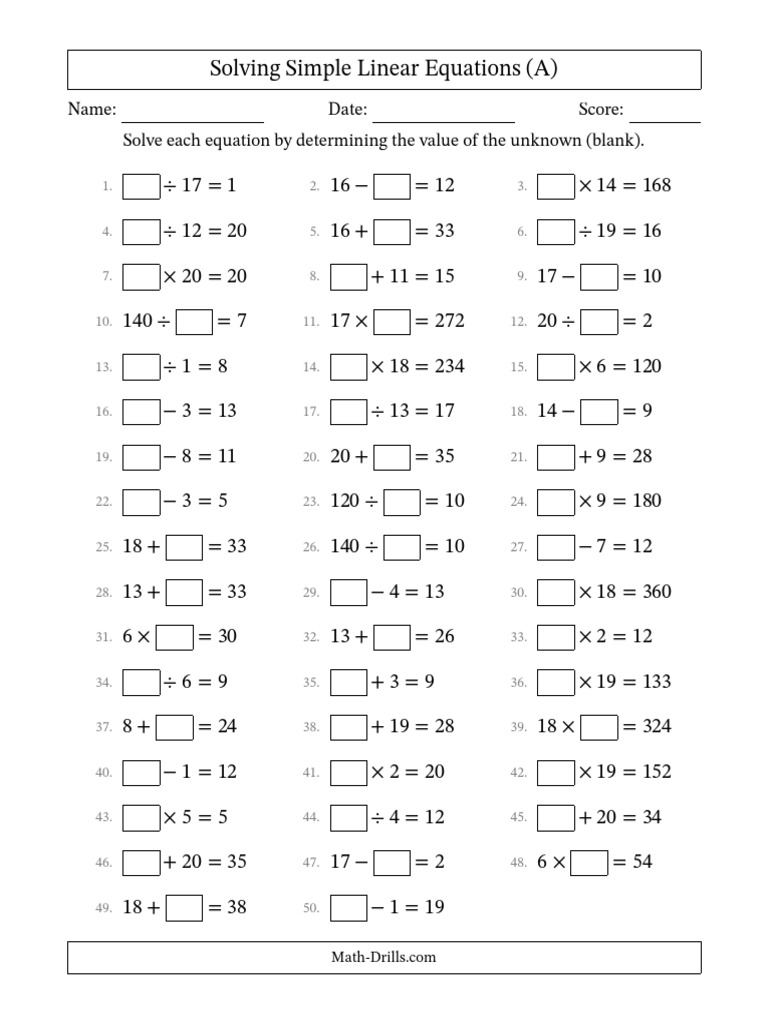 Algebra Worksheet - Solving Simple Linear Equations With Blanks as ...