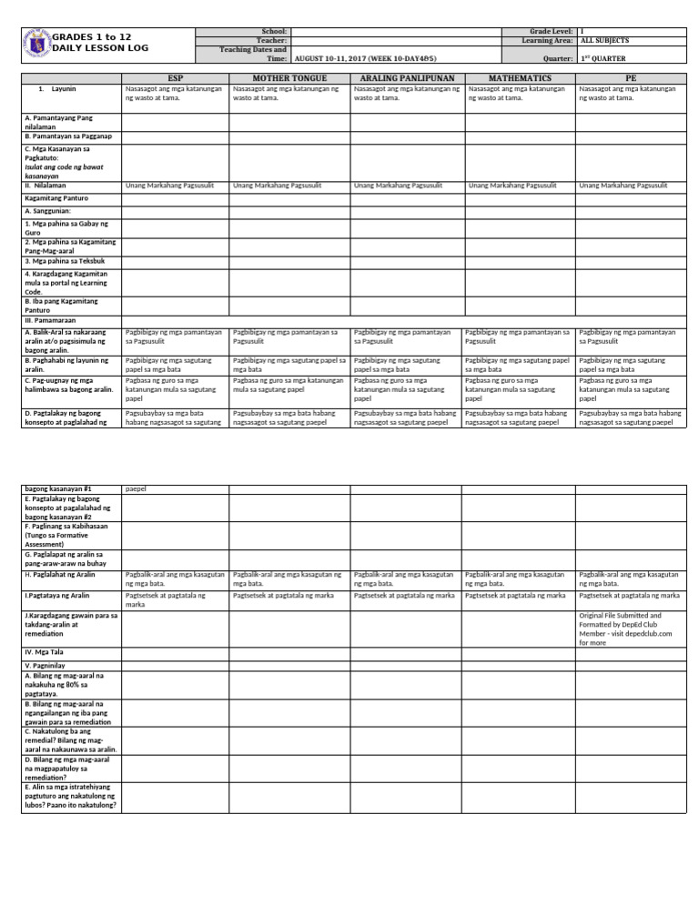 Grade 1 DLL All Subjects Q1 Week 10 Day 4-5 | PDF
