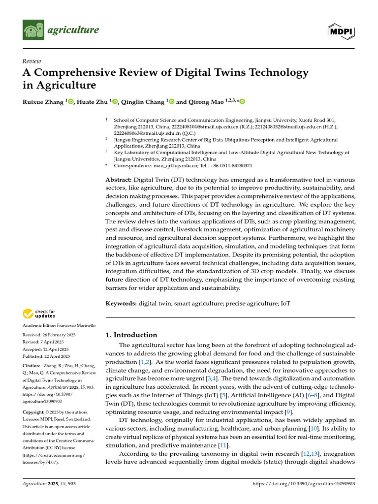 A Comprehensive Review of Digital Twins Technology in Agriculture | PDF ...