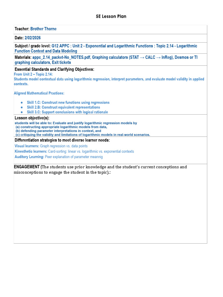 APPC U2.14 Lesson Plan 5E | PDF | Regression Analysis | Logarithm