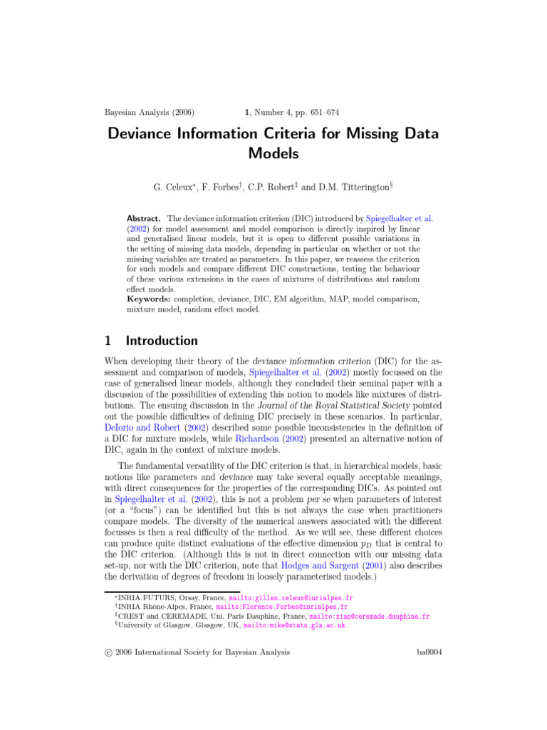Deviance Information Criteria For Missing Data Models | PDF | Estimator ...