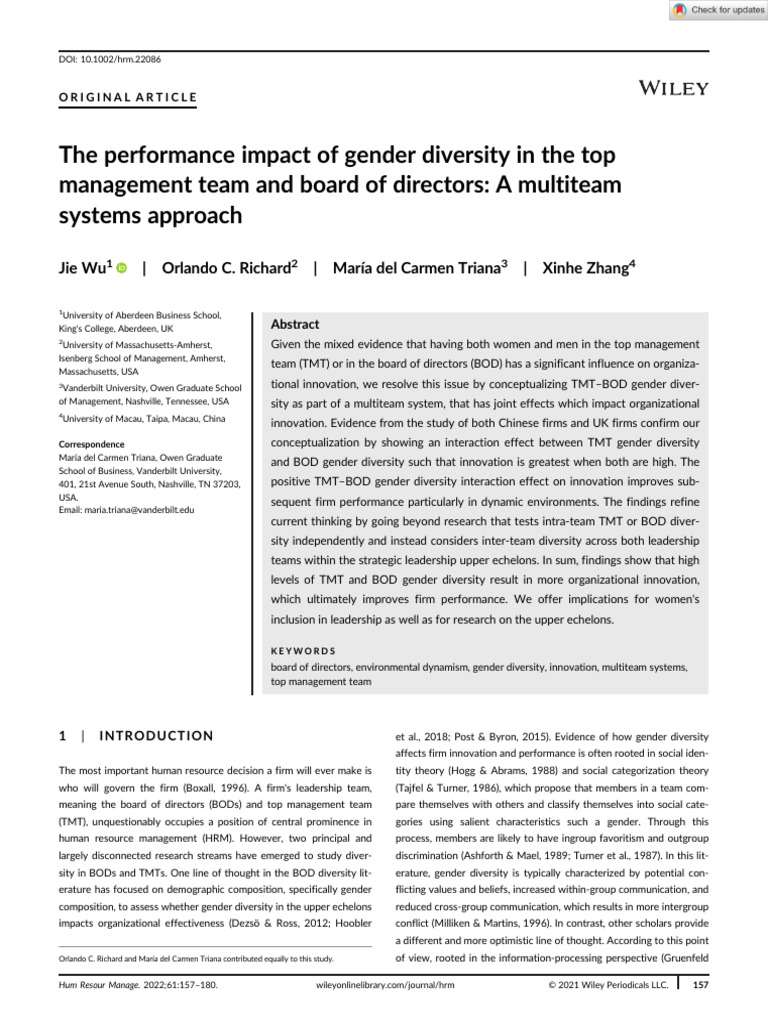 The Performance Impact of Gender Diversity in The Top | PDF ...