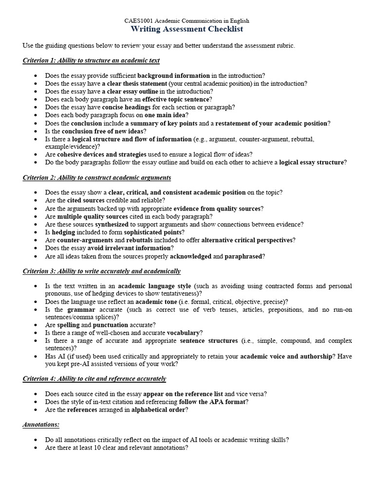 Writing Module - Writing Assessment Checklist | PDF | Essays | Argument