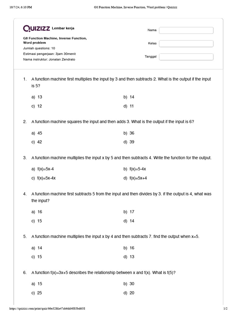 G8 Function Machine, Inverse Function, Word Problem - Quizizz | PDF ...