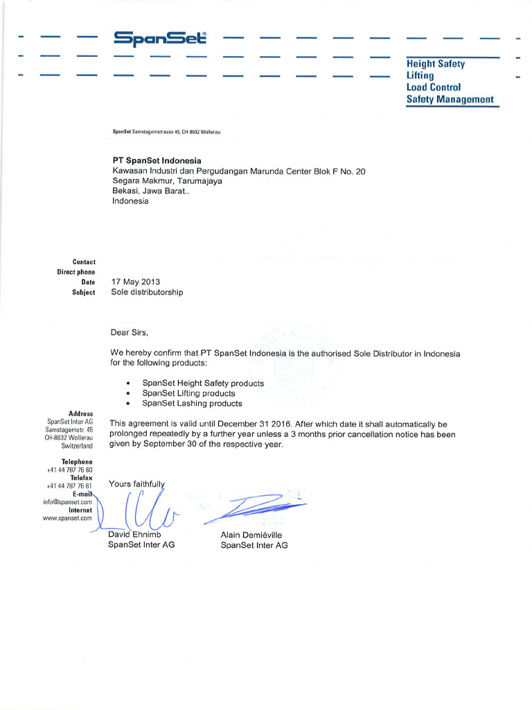 Principal Letter for Authorized Distributor Spanset 2013-2016 | PDF