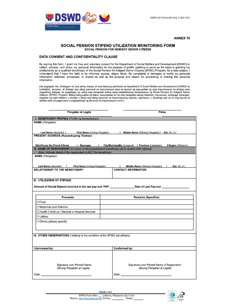 Annex 10 Social Pension Stipend Utilization Monitoring Form | PDF