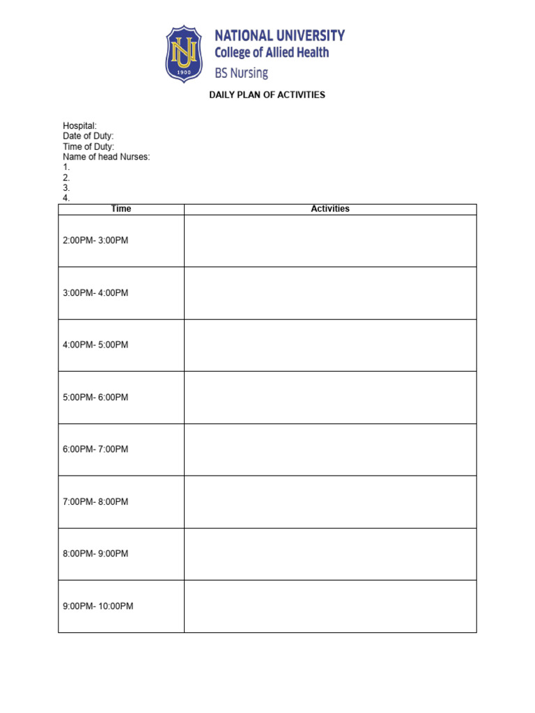 Afternoon Shift Daily Plan of Activties | PDF