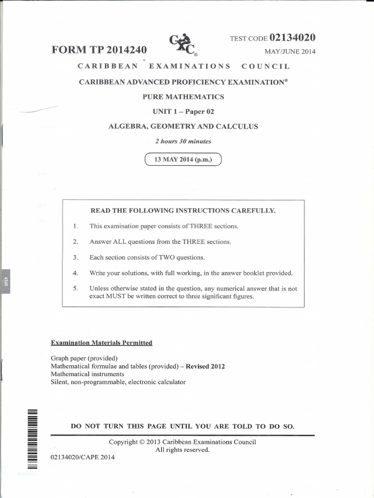 Cape Pure 2014 Unit 1 Paper 2 | PDF
