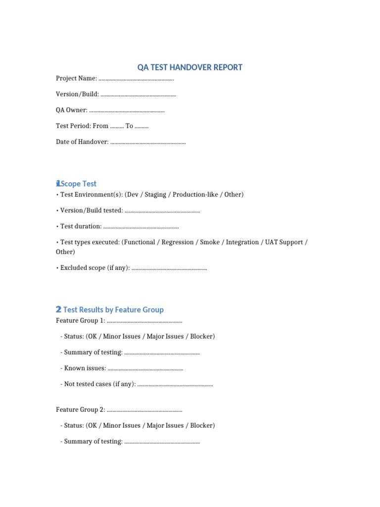QA Test Handover Report Template | PDF