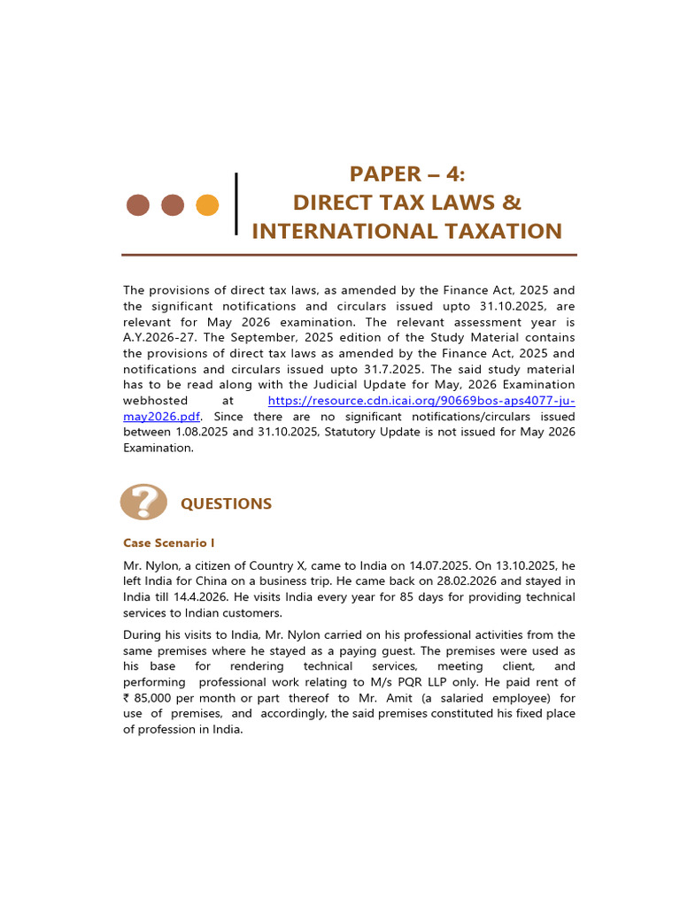 Paper - 4 Direct Tax Laws & International Taxation: Questions | PDF ...