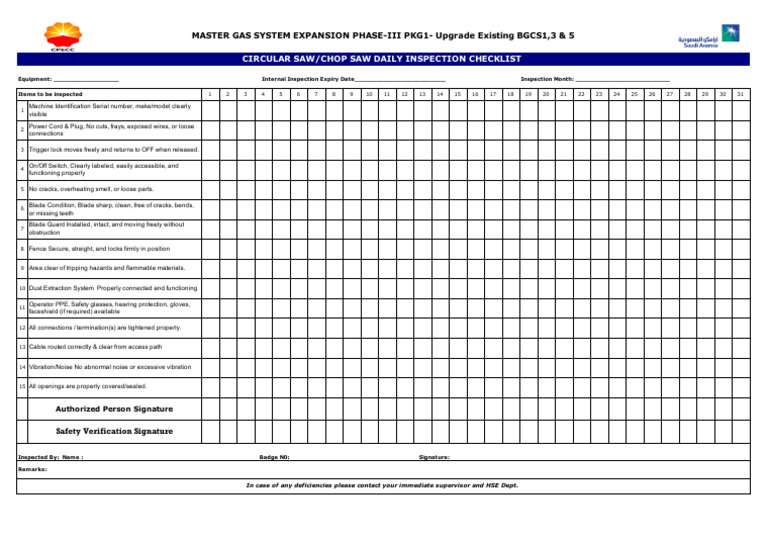 Chop Saw Inspection Checklist Copy - Xls - Compatibility Mode | PDF