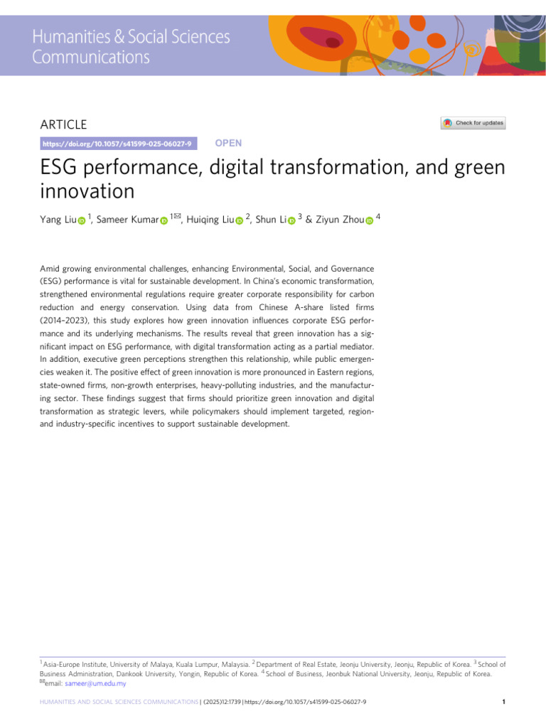 ESG Performance, Digital Transformation, and Green | PDF | Innovation ...