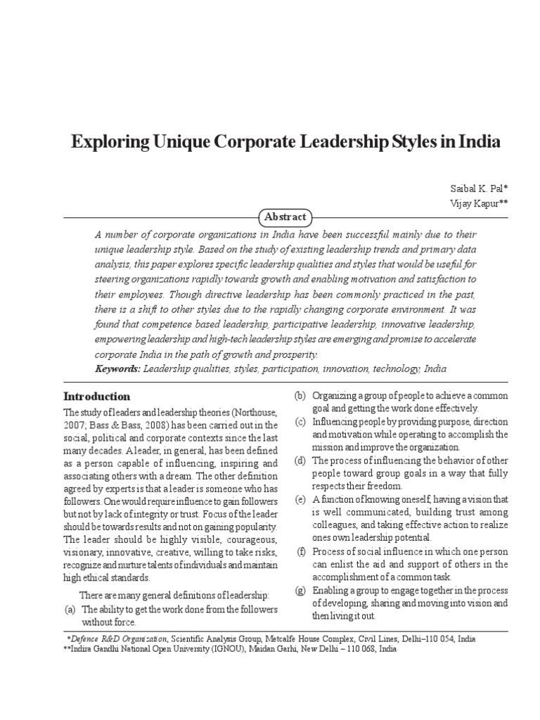 Unique Leadership Styles in Indian Corporates | PDF