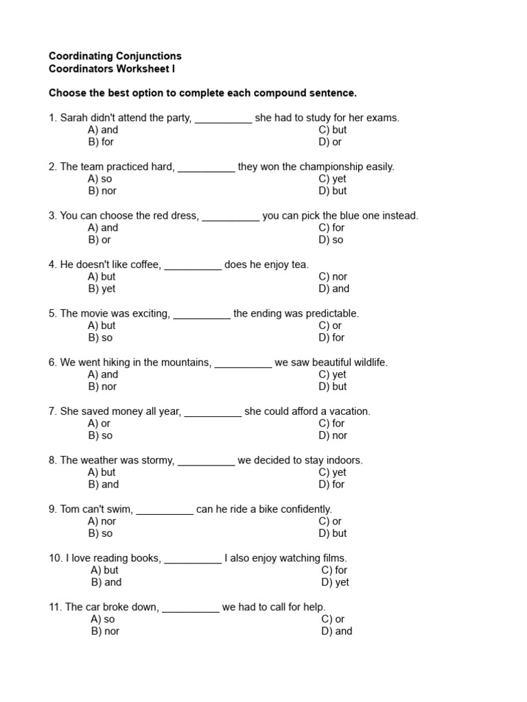Coordinating Conjunctions (Worksheet) I | PDF