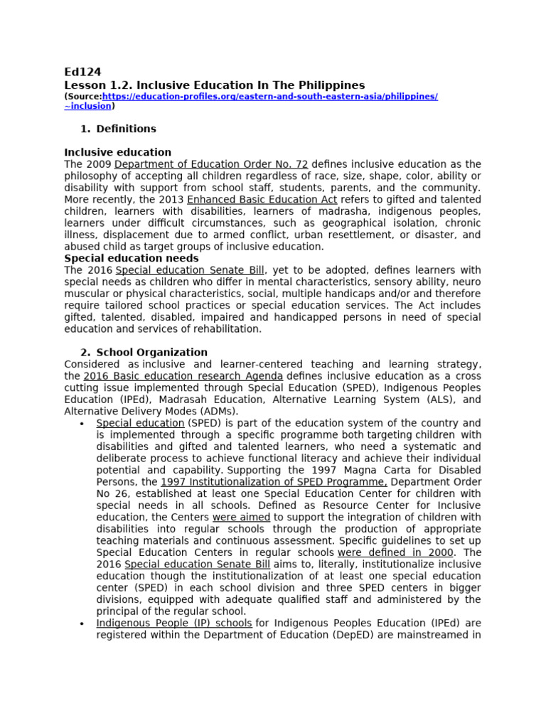 Ed124 Lesson 1.2 Inclusive Education in The Philippines 1 | PDF ...