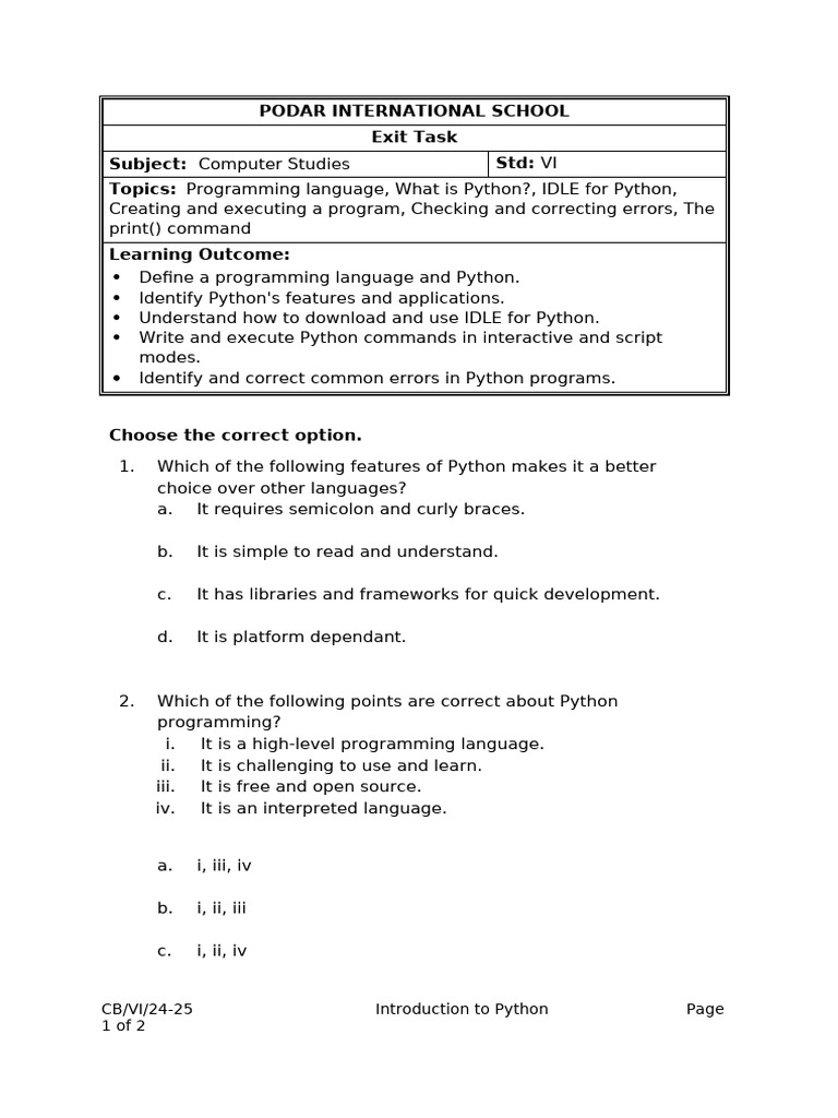 Exit Task1 CB VI CS Introduction To Python | PDF