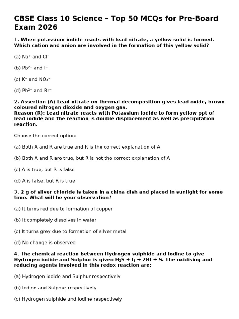 CBSE Class 10 Science - Top 50 MCQs For Pre-Board Exam 2026 | PDF ...