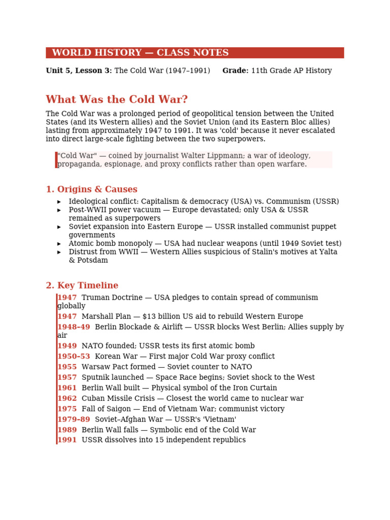 Class Notes History Cold War | PDF | Cold War | Soviet Union