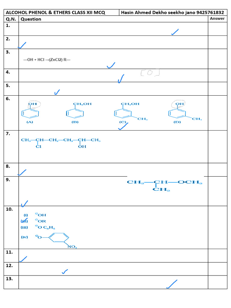 MCQ Xii Alcohol Phenol & Ethers | PDF | Ether | Ethanol