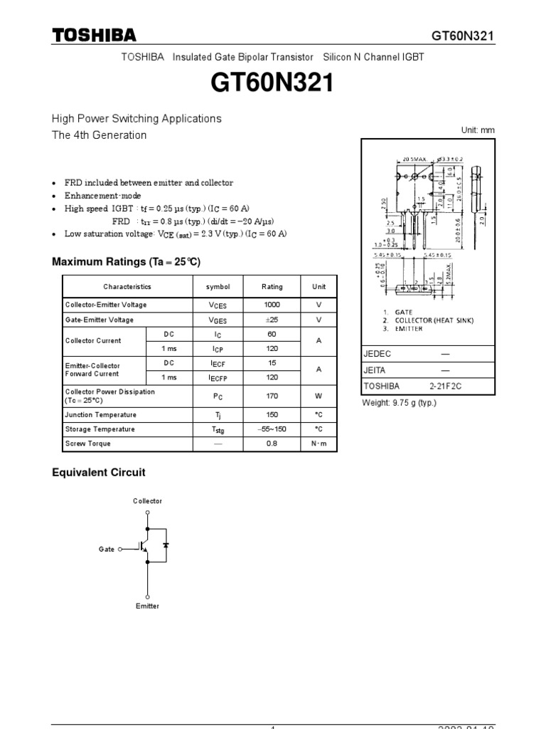 Toshiba GT60N321 Transistor IGBT N-Channel 170W 60A