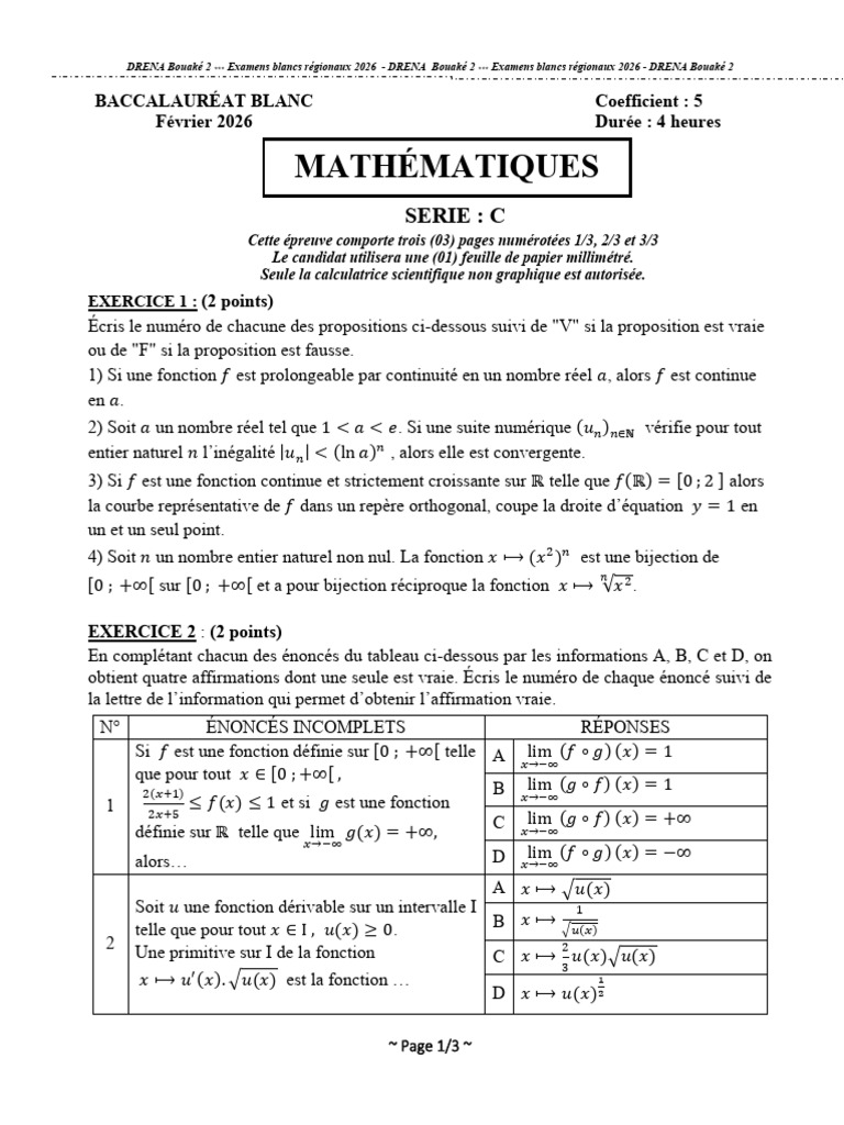 Bac Blanc 2026 - Math - Série C | PDF | Mathématiques