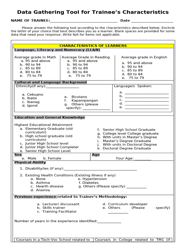 Data Gathering Tool For TM1 | PDF | Classroom | Learning