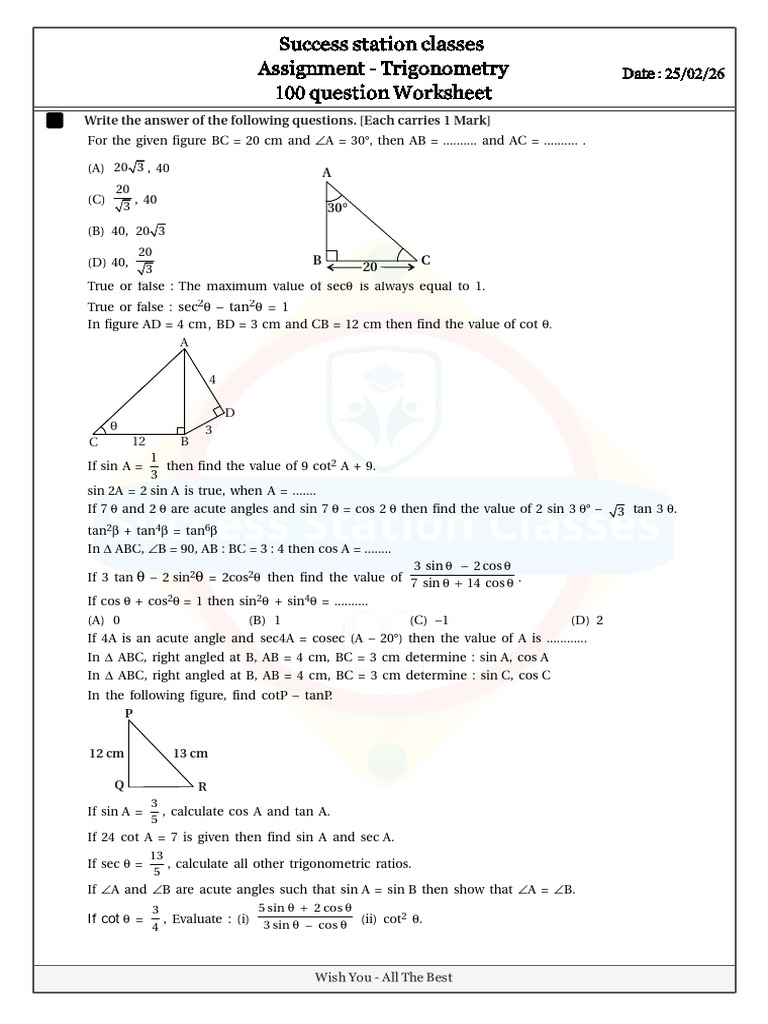 100questionworksheet - D25 Feb 2026 | PDF | Trigonometry ...