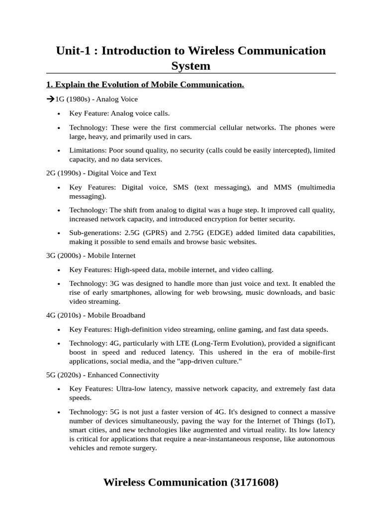 Unit-1: Introduction To Wireless Communication System: 1. Explain The ...