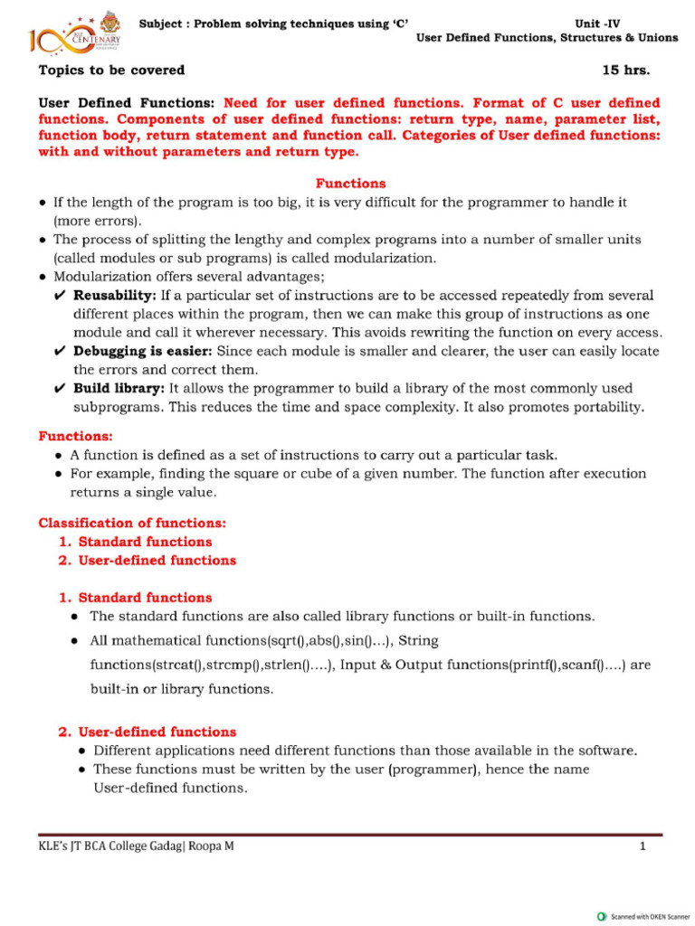 _C Program, Unit-4(User Defined Functions, Structures & Unions).Docx (3 ...