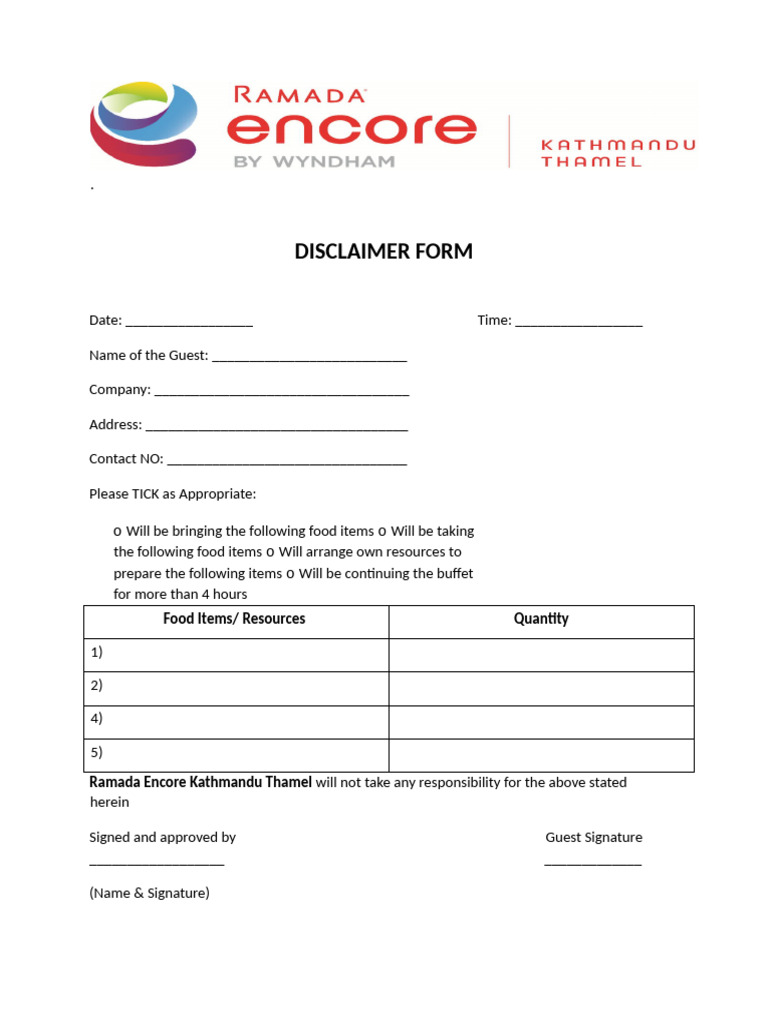 Disclaimer Form Ramada Encore | PDF