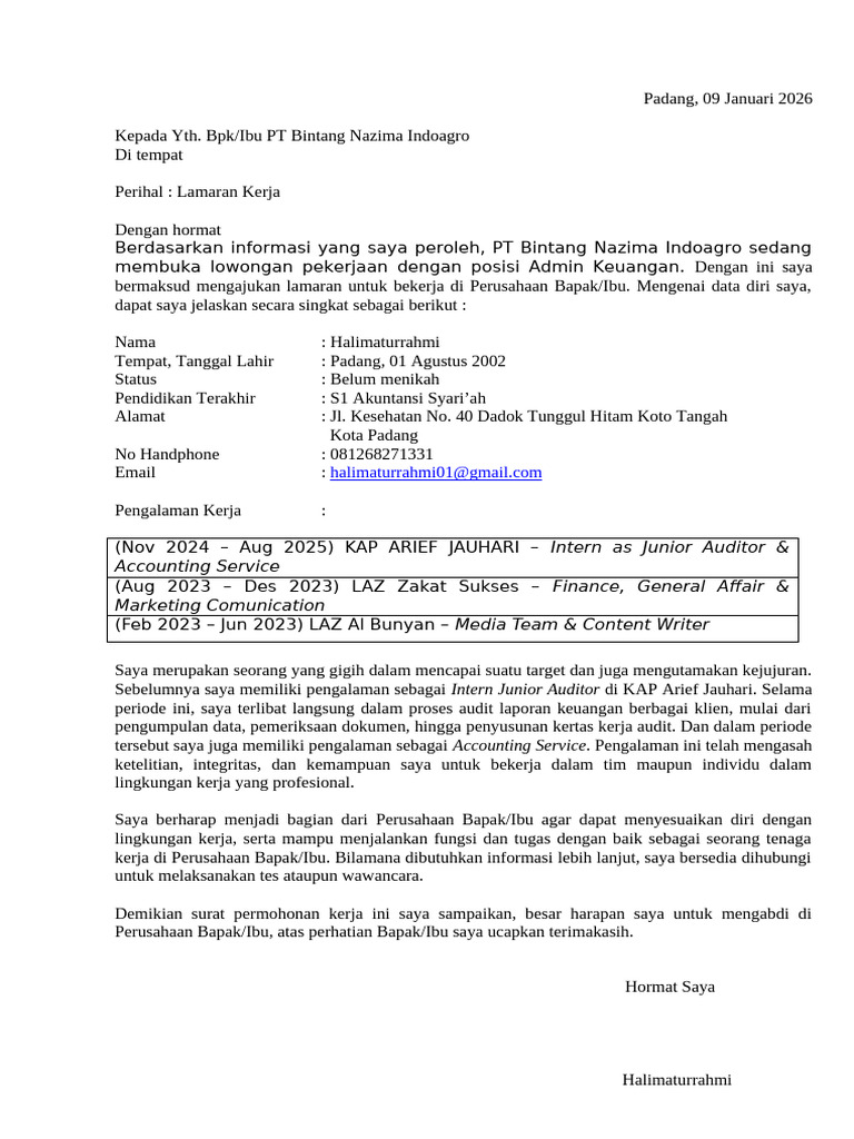 Surat Lamaran Bintang Nazima | PDF
