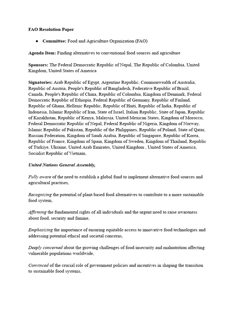 MUNALS'25 FAO Resolution Paper | PDF | Agriculture | Food And ...