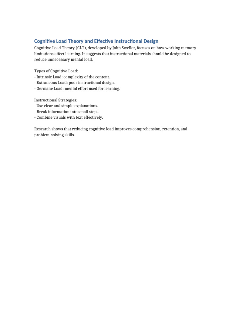Cognitive Load Theory and Effective Instructional Design | PDF